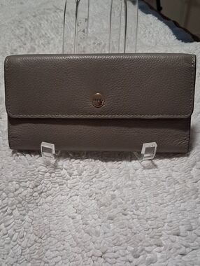 Lodis Taupe Pebbled Leather Continental Wallet with Gold Button